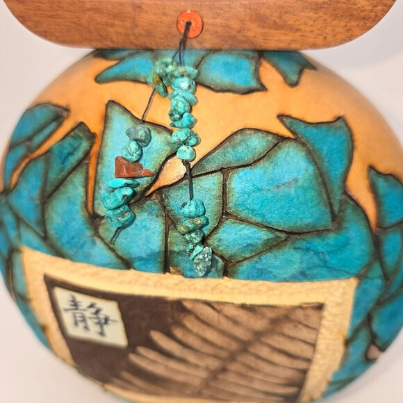 M & K Doolittle Handcrafted Gourd Art Decor With Turquoise Mosaic Wood Top je126 - Picture 4 of 14